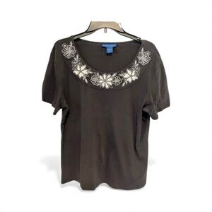 Karen Scott Black Top with White Floral Embroidery